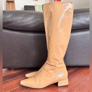 Tan Knee-High Patent Leather Boots